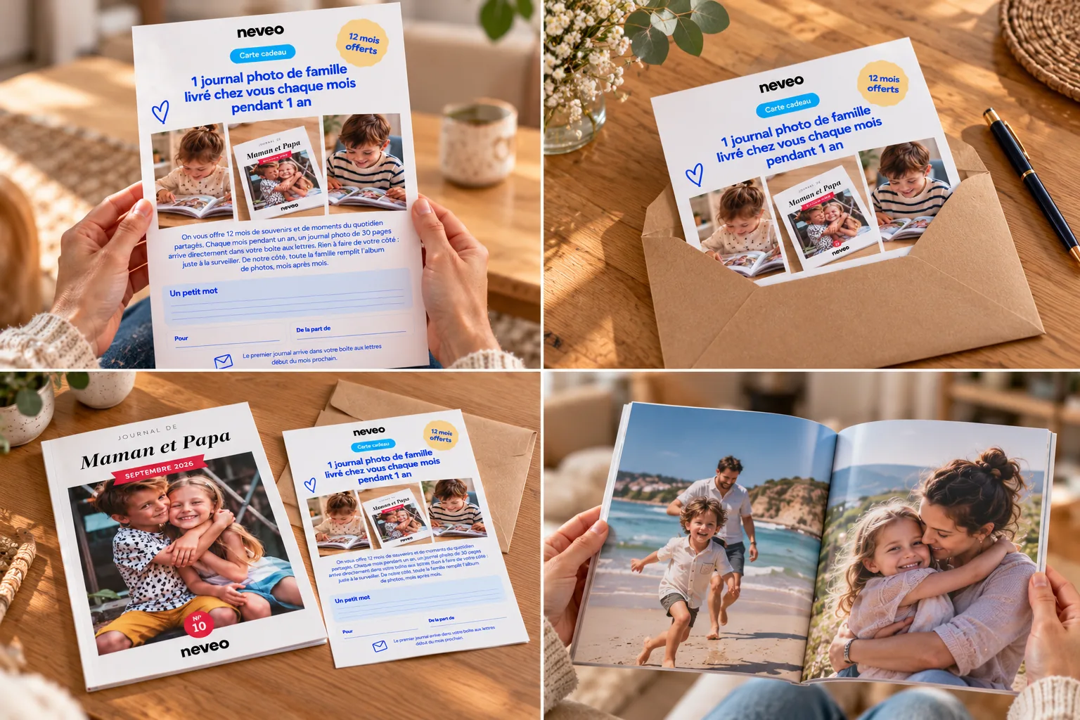 Carte cadeau Neveo 12 mois présentée en quatre vues : la carte à écrire, la carte glissée dans son enveloppe kraft, le journal de famille imprimé posé sur une table en bois et le journal ouvert sur des photos de famille