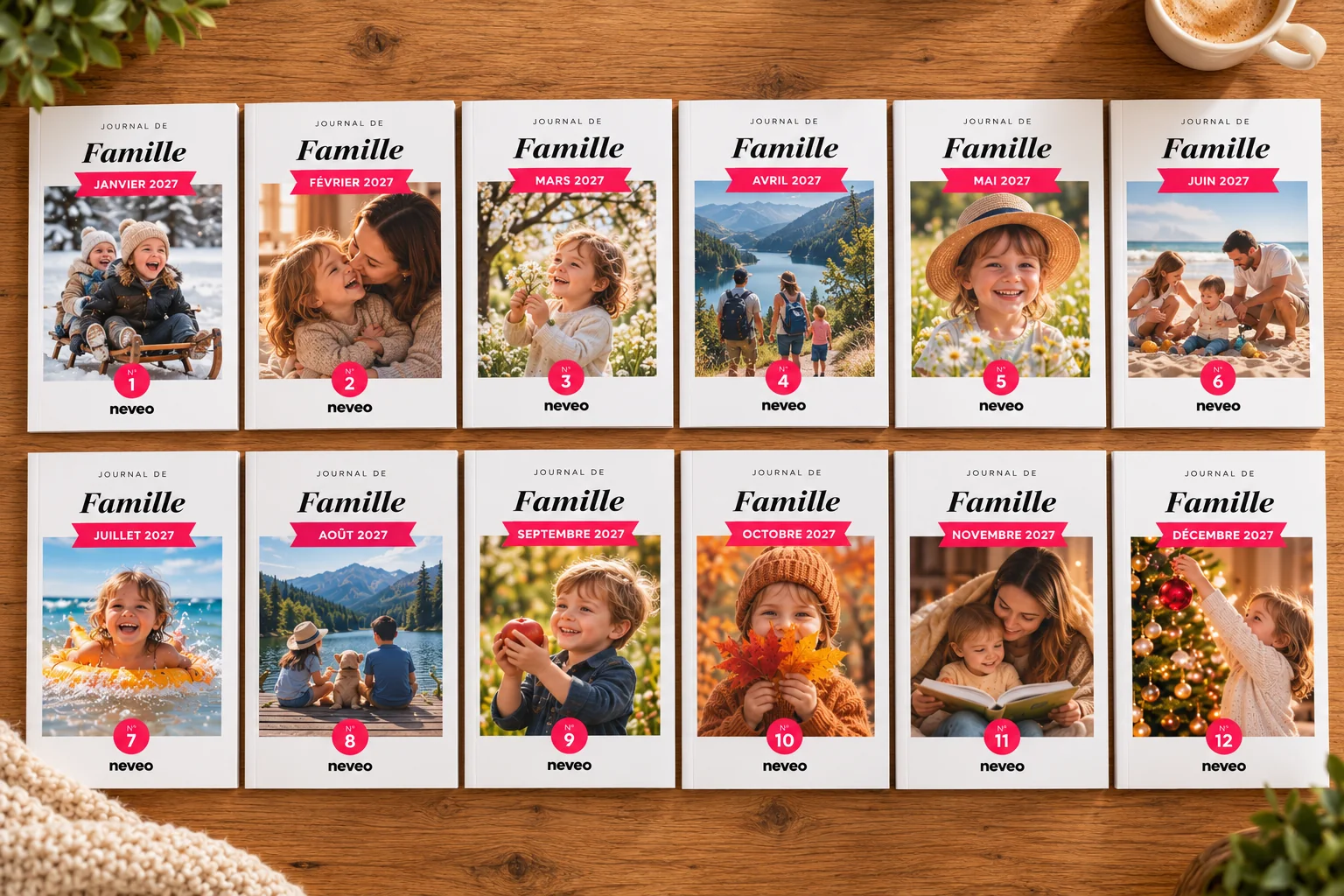 Ce qui est inclus : les 12 journaux mensuels de la collection Neveo, disposés en deux rangées sur une table en bois, du numéro 1 de janvier au numéro 12 de décembre