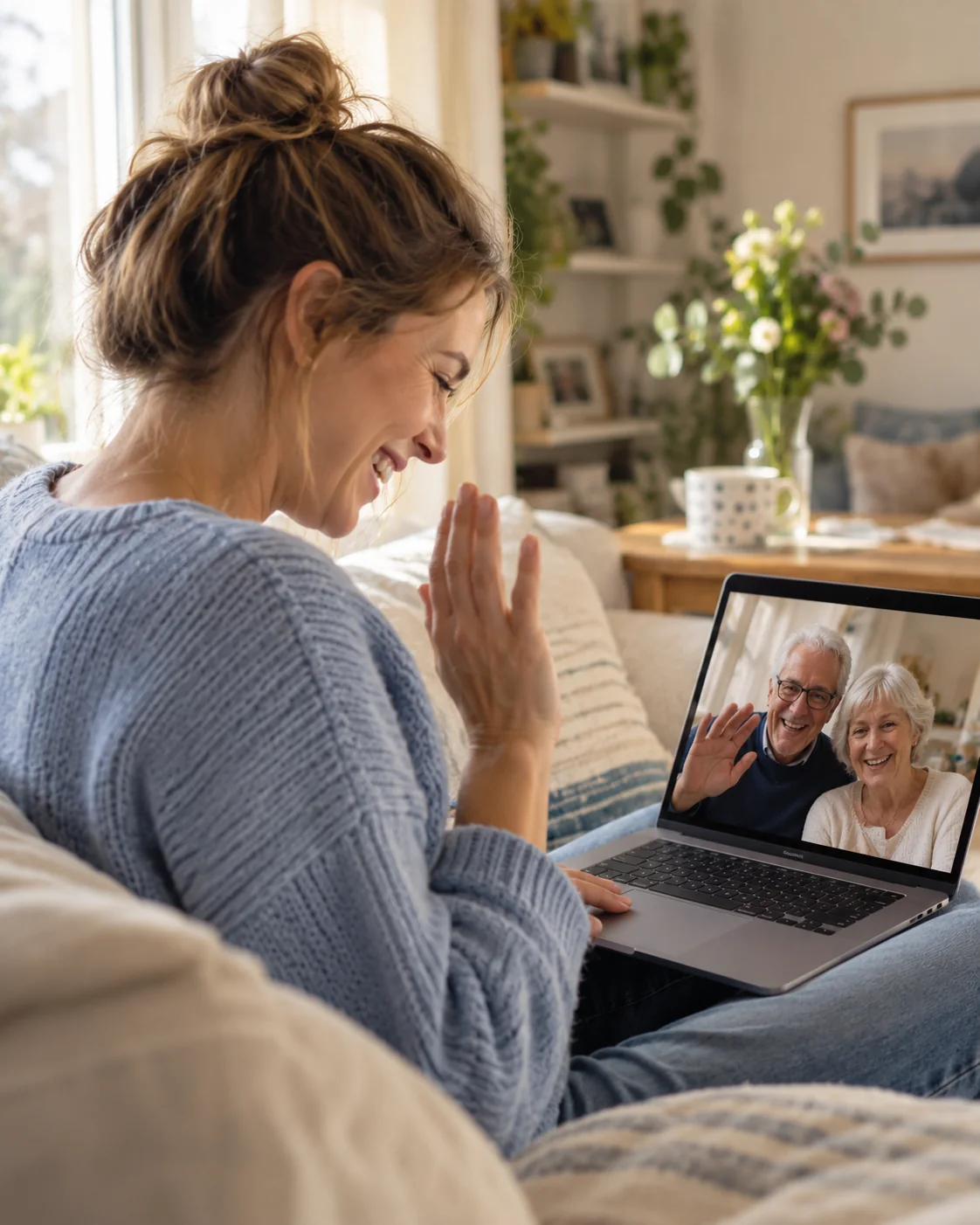 Une femme échange en appel vidéo avec ses proches