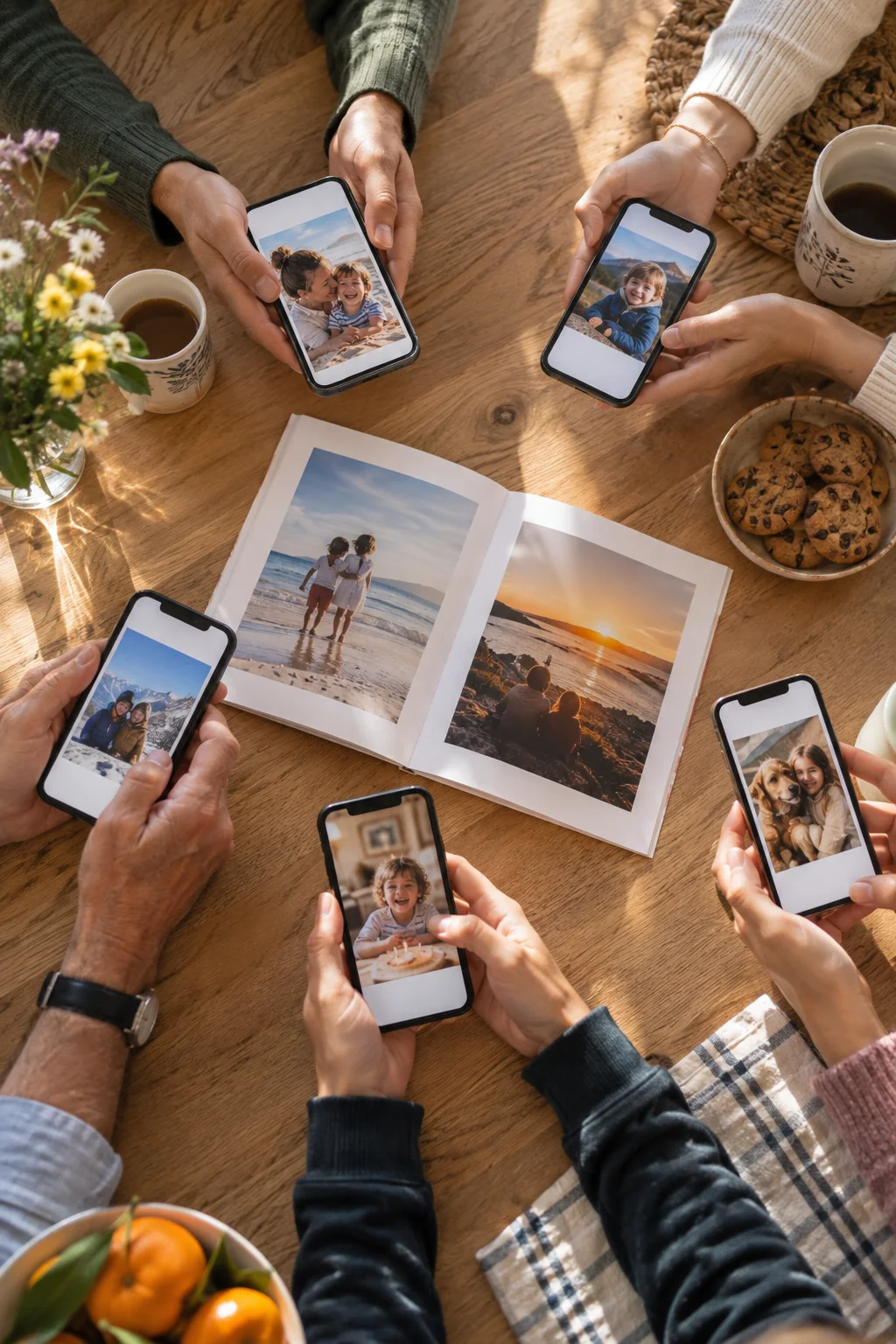 Plusieurs générations partagent des photos de famille autour d'une table