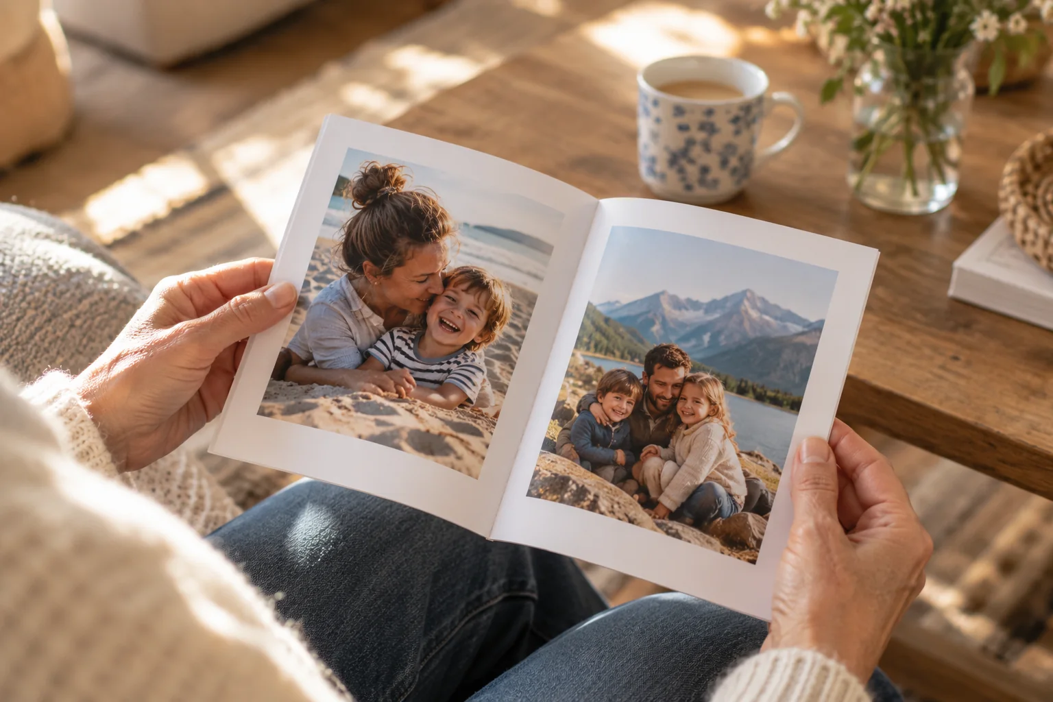 Un journal photo Neveo ouvert et tenu à deux mains