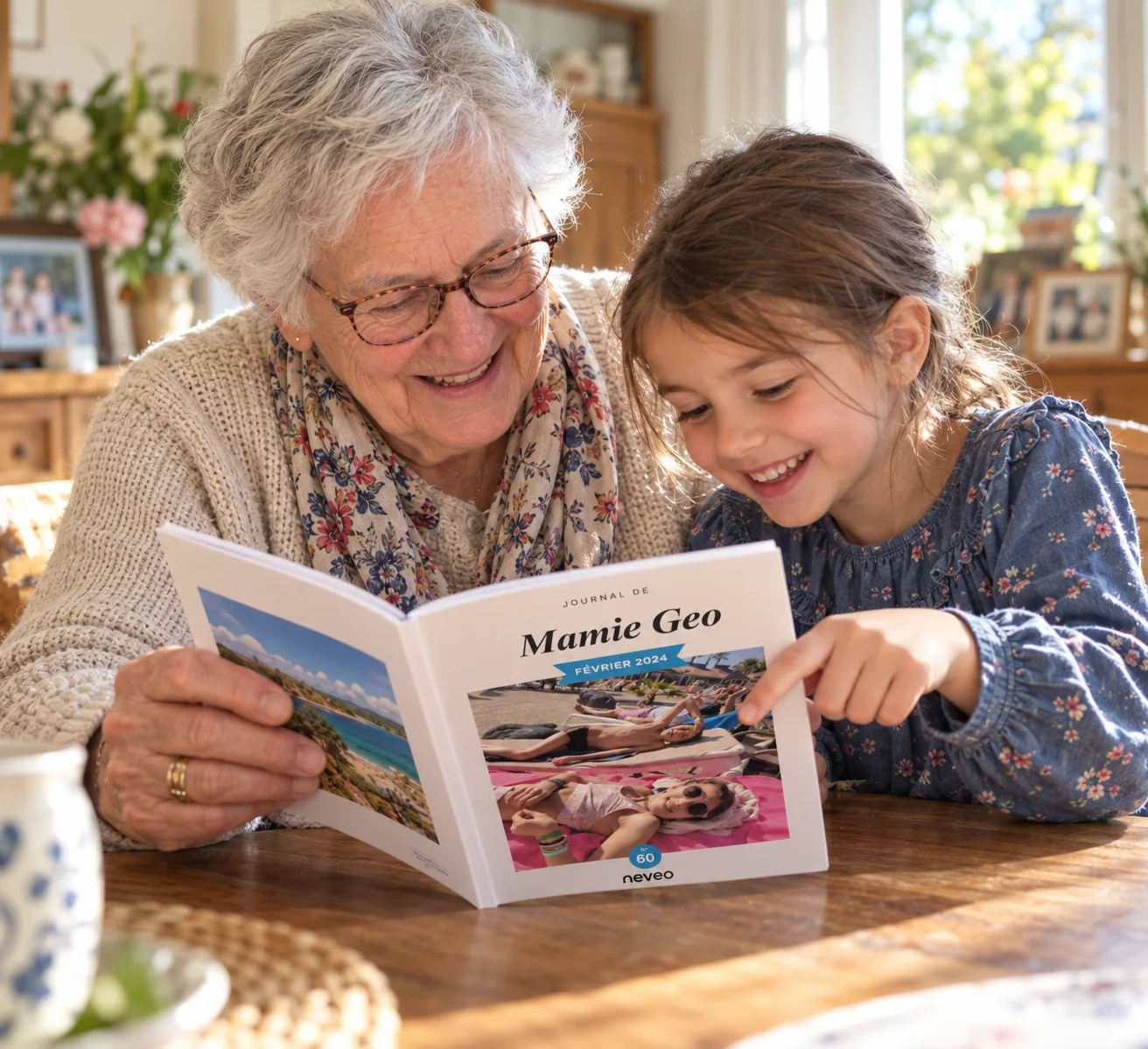 Un journal photo Neveo ouvert et tenu à deux mains