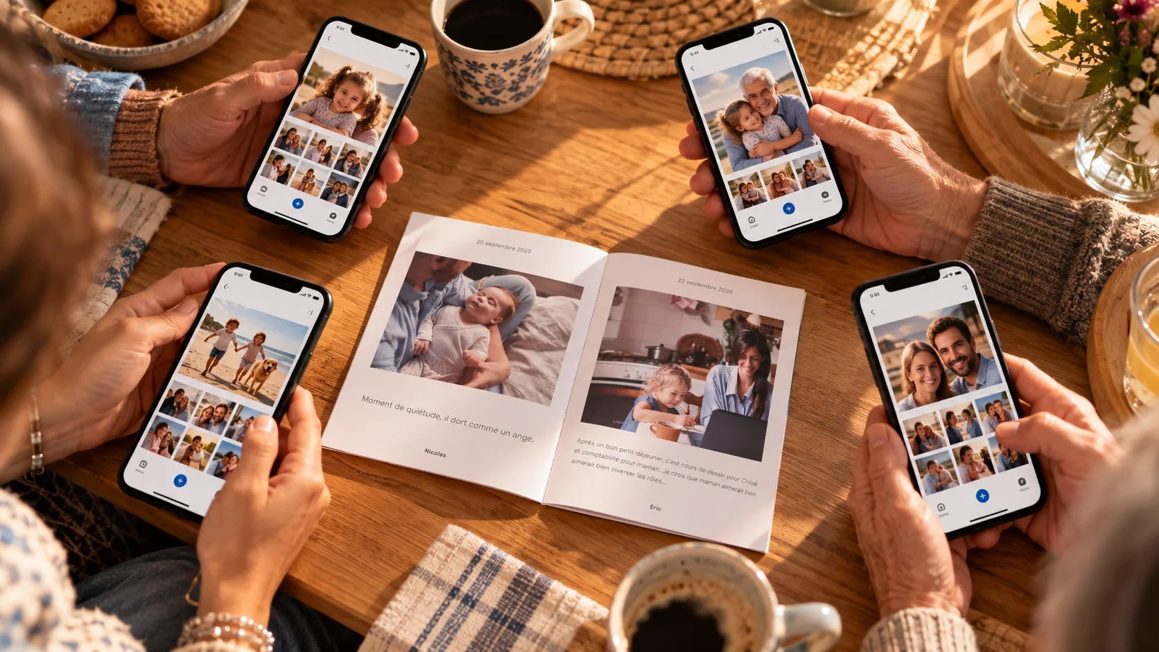 Plusieurs générations partagent des photos de famille autour d'une table